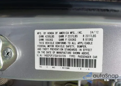 2012 Honda Accord 2.4 Lx from USA, damaged, VIN 1HGCP2F37CA150726